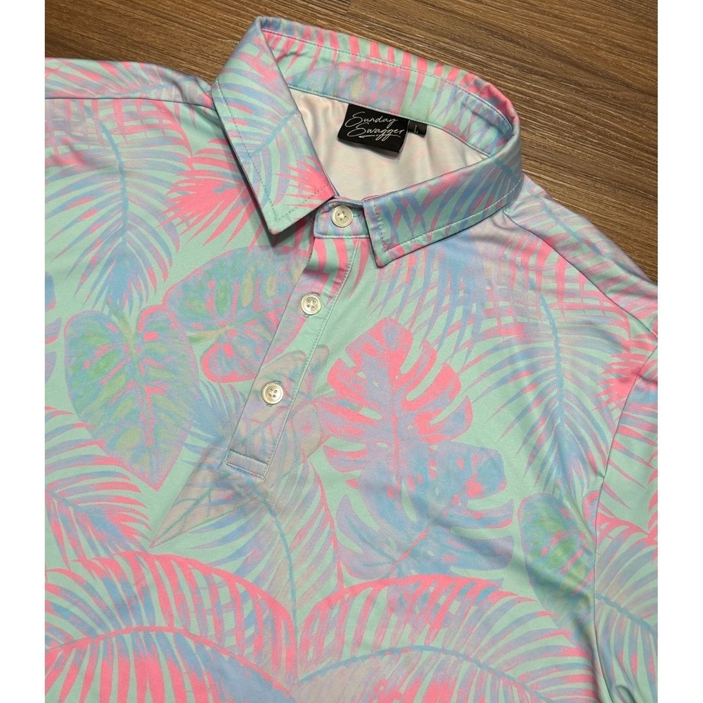 Sunday Swagger Maldives Tropical Palm Leaf Performance Golf Polo Pink Blue Sz L